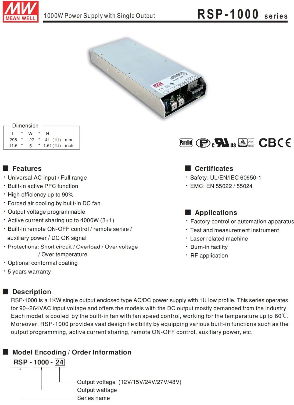 75w To 10kw Meanwell Rsp Series 220v Ac 12v Dc Power Supply With Ce