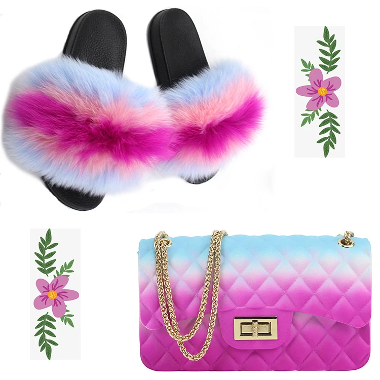 

Wholesale Real Fox Fur Slides Slippers And Cross-body Jelly Bag Sets For Girls and Women Furry Slippers Fur Slides And Purse Set, Black, red,green, multicolor, ect