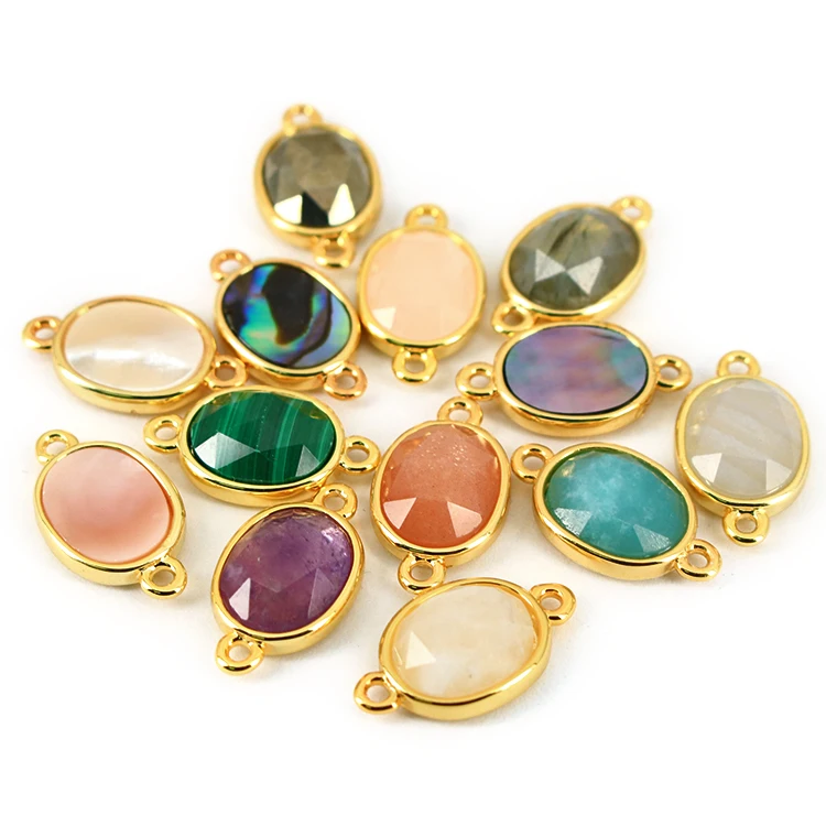 

JF8711 Dainty Gold Plated Faceted Natural moonstone Semiprecious Stone Gemstone Oval Bezel Two Ring Connector, Green,pink,white,pyrite,peach