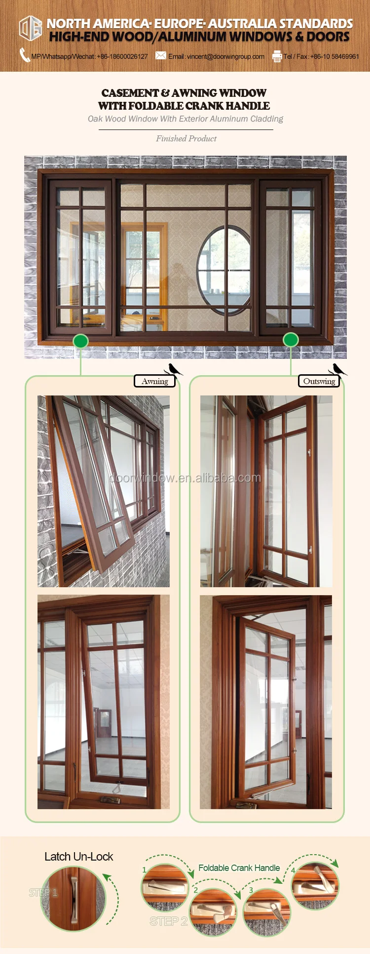 American Certified Crank Awning Window Solid Oak Wood with Exterior Aluminum Cladding with Grille Design crank open window