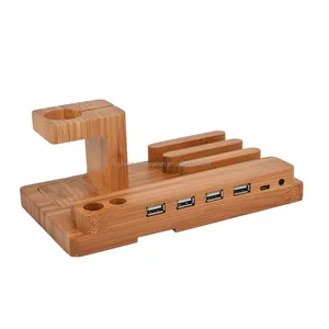 Multifunctional Wooden Bamboo 4 USB Port Charging Dock Station Mobile Phone Charger Stand Holder for Apple Watch