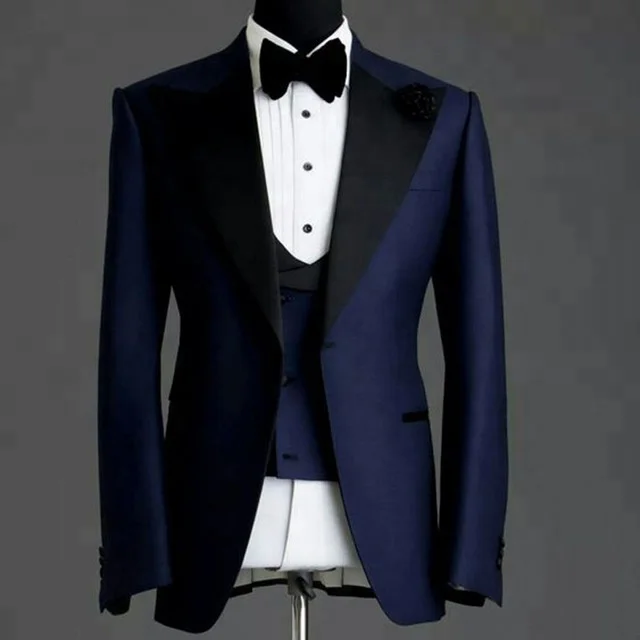 

HD114 Navy Blue Wedding Man Suits for Groom Tuxedos Black Peaked Lapel Three Piece Jacket Pants Vest Formal Style Blazer, Per the request