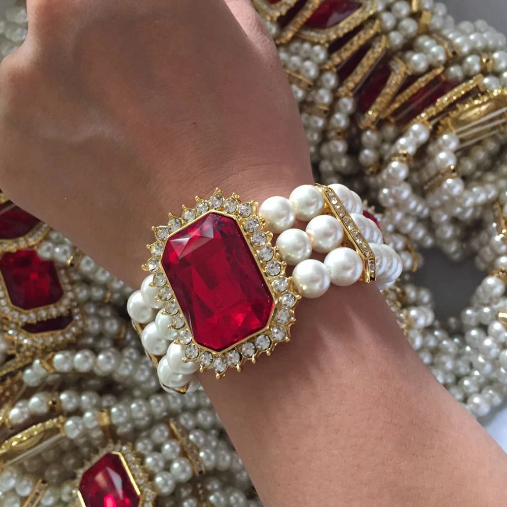 

New Arrival High Quality Women Three Rows Of Imitation Pearl Crystal Bracelet Bangle YP4117