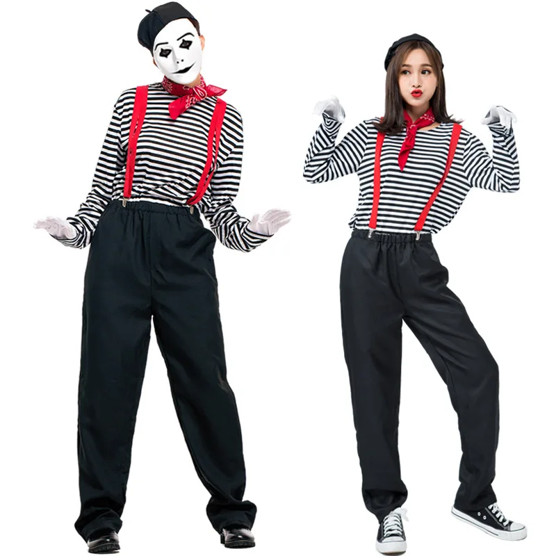 

New mime performance costumes striped clown cosplay couple costume wholesale, Black and white