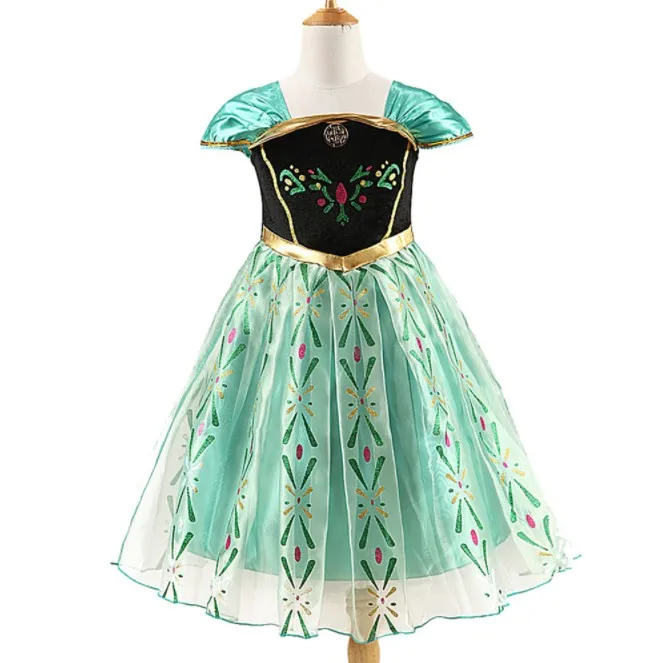 

Hot sale children's frozen embroidered summer kid girl party dress, Green;blue or oem