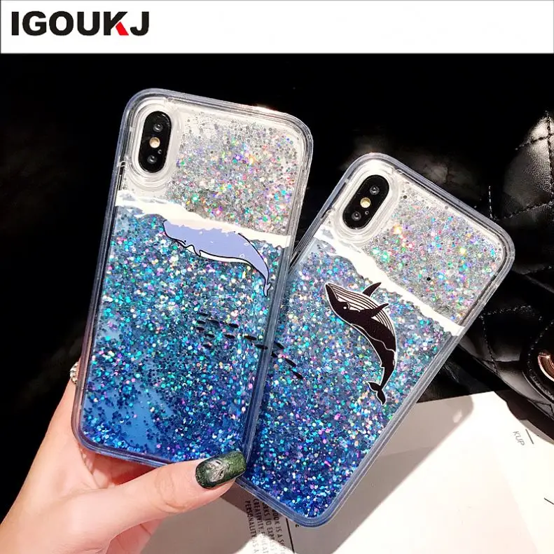 

Free shipping Hot sale cartoon printing whale liquid back cover for iphone 6 7 8plus quicksand for iphone X XR XS MAX phone case