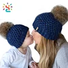 Wholesale pom pom beanies hat baby and mum family Fold up eye holes poms hat with top ball free size beanie cap