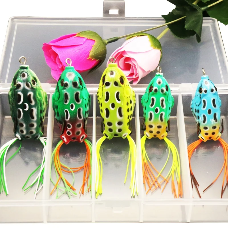 

5pcs Set Topwater Frog Hollow Body Soft Fishing Lures Bass Hooks Baits Tackle Set and Tackle Box, Colorful