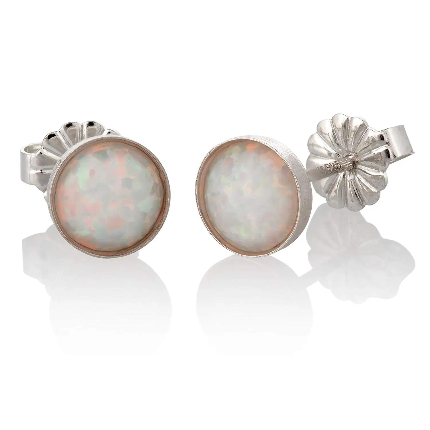 Sterling Silver White Opal Stud Earrings Round 6mm Minimalist