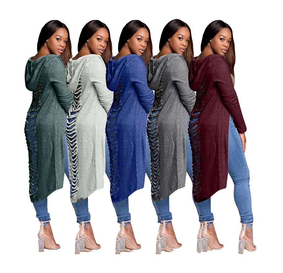 

Ladies Dresses 2020 Fashion solid hooded ripped women autumn clothing top Woman Casual Long Sleeve Dresses Women Ladies Dress