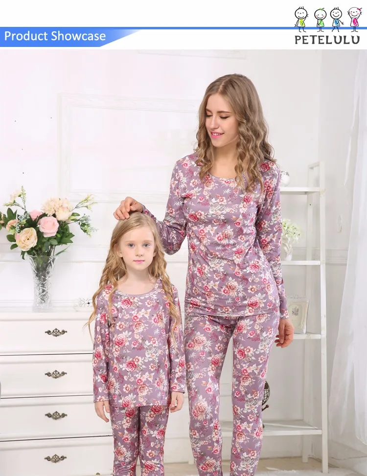 Europe Size Crimson Lake Flowers Slim Fit Pyjamas Mother Daughter