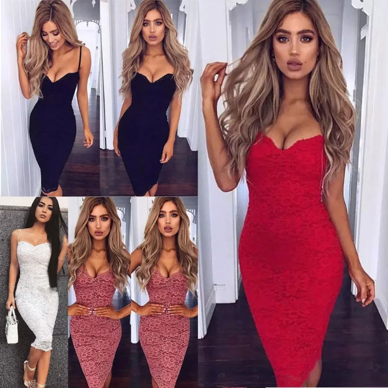 

Women Sexy Evening Party Dress V-neck Bandage Bodycon Dress Summer Skinny Lace Sleeveless Strappy Sling Red Dress Outwear, As the pictures shown