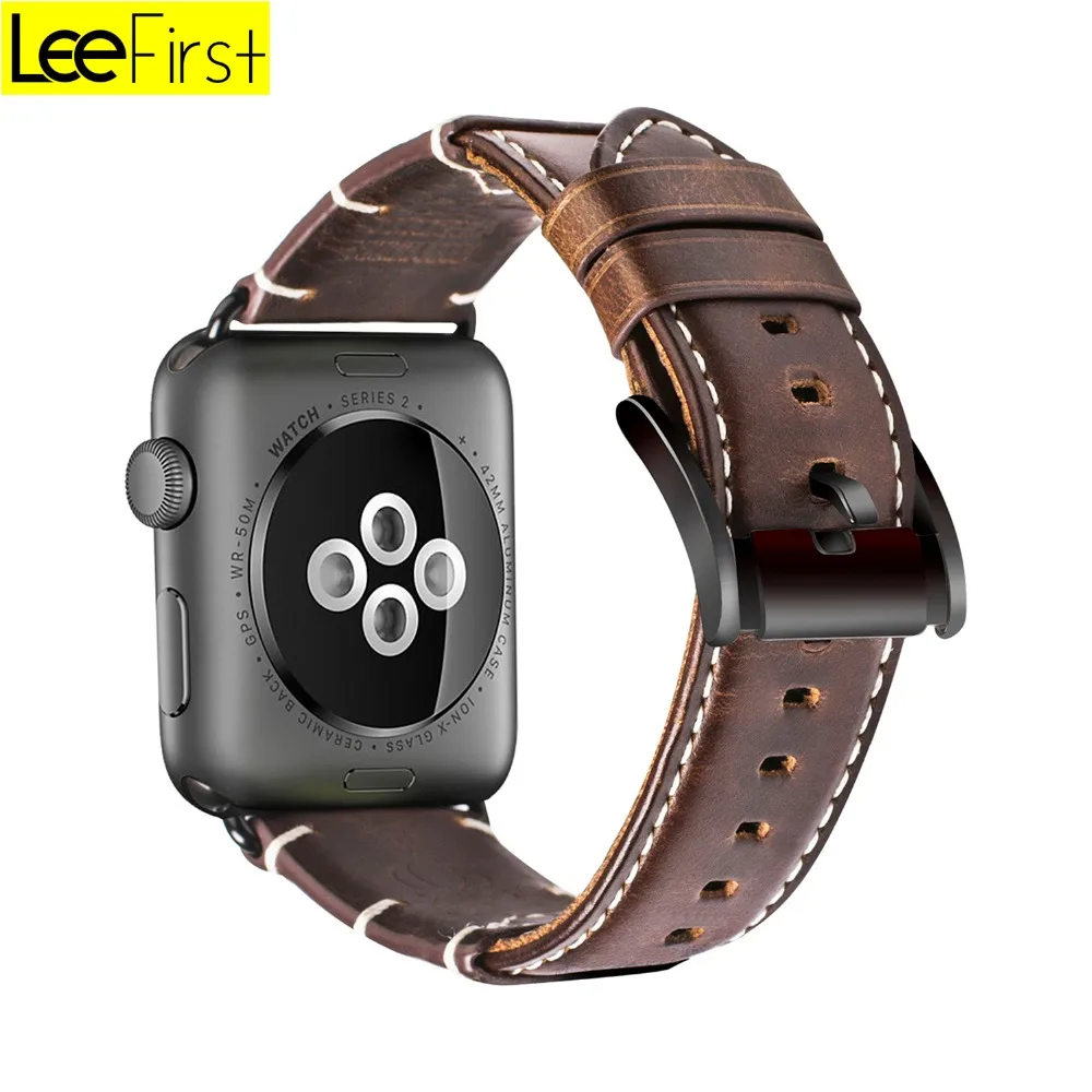 

Leefirst Retro Top Grain Genuine Leather Band Replacement Strap with Stainless Steel Clasp for Apple Watch Series 3\2\1, Dark brown