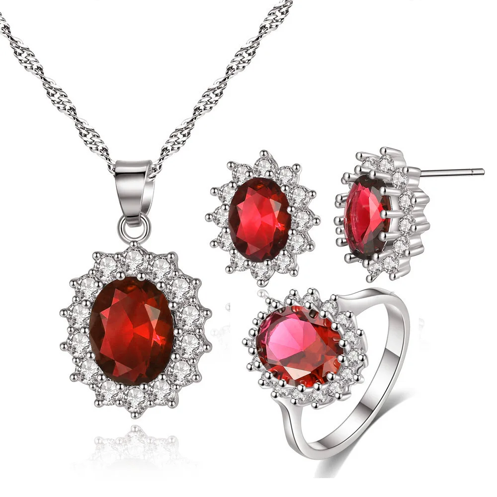 

Kate Princess Marriage Jewelry Set Oval Zircon Necklace Earrings Ring Jewelry Sets Adjustable Ring, Blue, red