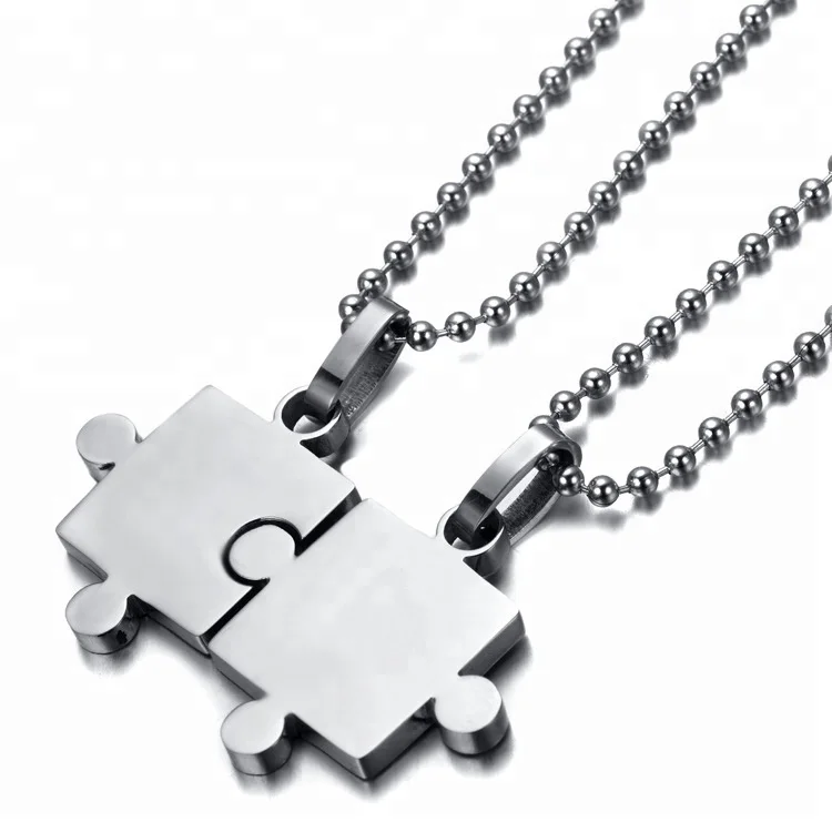 

Wholesale Custom Engraved Valentine Jewelry 316L Stainless Steel Jigsaw Puzzle Couple Necklace, Silver,black,gold,blue