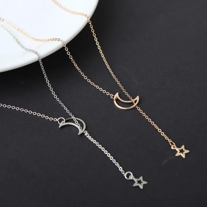 

Fashion Gold SIlver Plated Simple Hollow Out Moon Star Pendant Chain Necklace, Gold,silver gold plated moon necklace