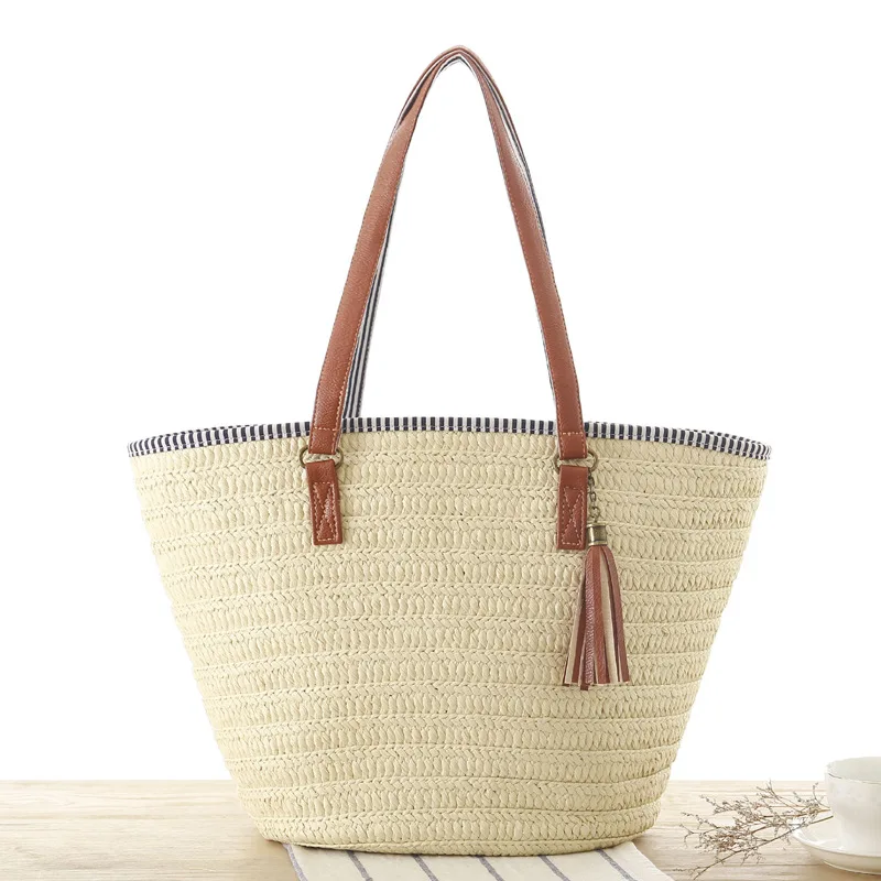 

Wholesale Tassel Straw Beach Tote Bag with Leather Handle Stripe Lining Inside, Red,green,blue,orange,mint,or as your demand