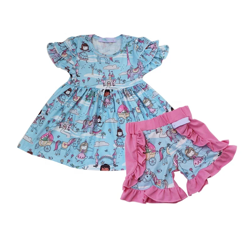

Baby new style girls unicorn ruffle clothing set baby cap sleeve shirt with shorts summer boutique outfit
