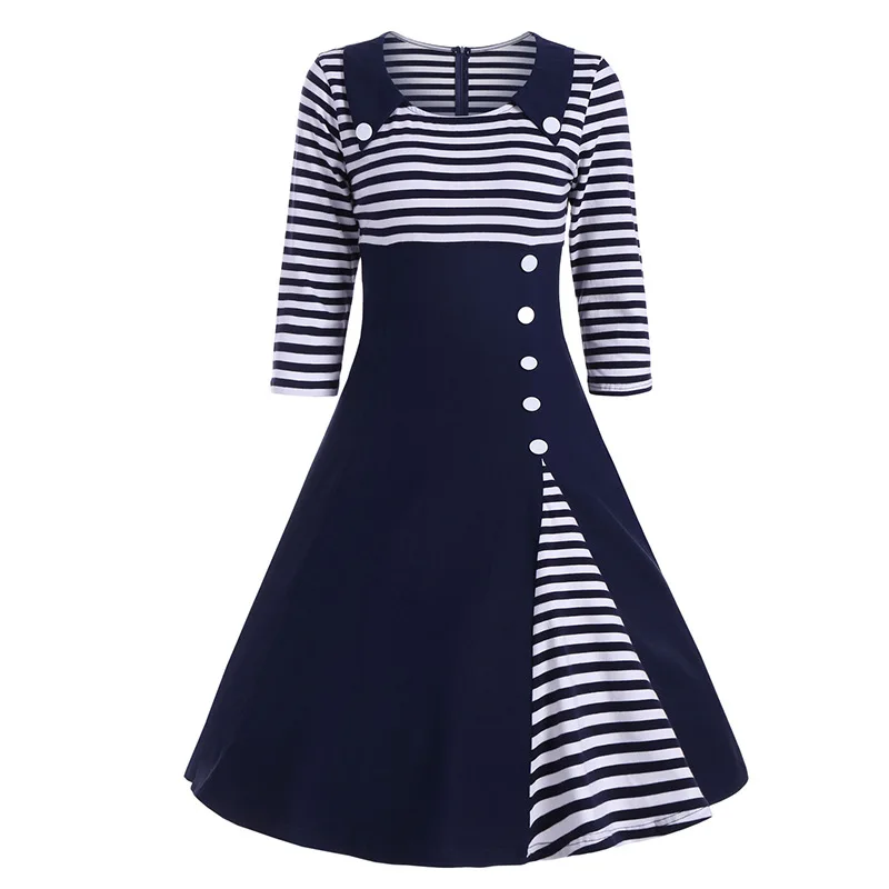 

Navy Blue Dress 3/4 Sleeve Vintage Party Dress Women Elegant Pleated A Line Vestidos Slim Casual Summer Dresses, N/a