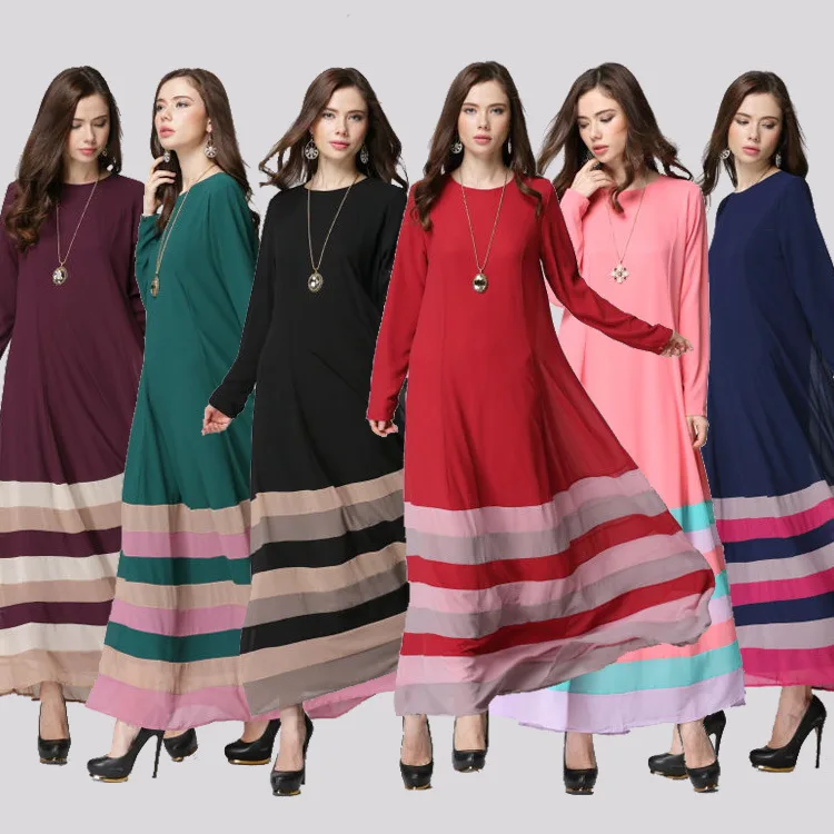 Muslim Women'S Clothing Long Skirt Color Matching Rainbow Strip Large Size Muslim Dress Abaya Women
