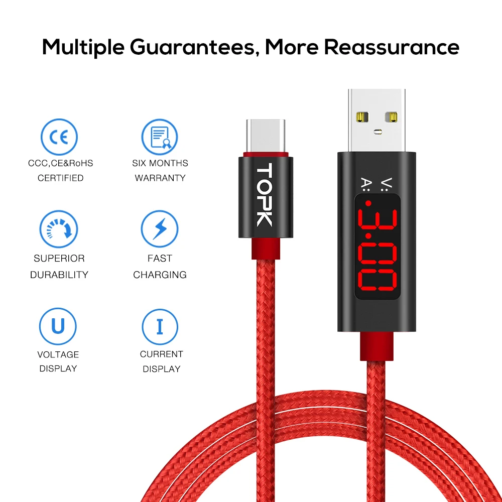 
Free Shipping TOPK AC27 1M(3.3ft) Nylon Braided Current Display USB Type C Cable 