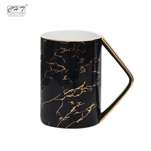 Full wrap decal black marble luxury ceramic bone  cheap gold marble mug with gold rim