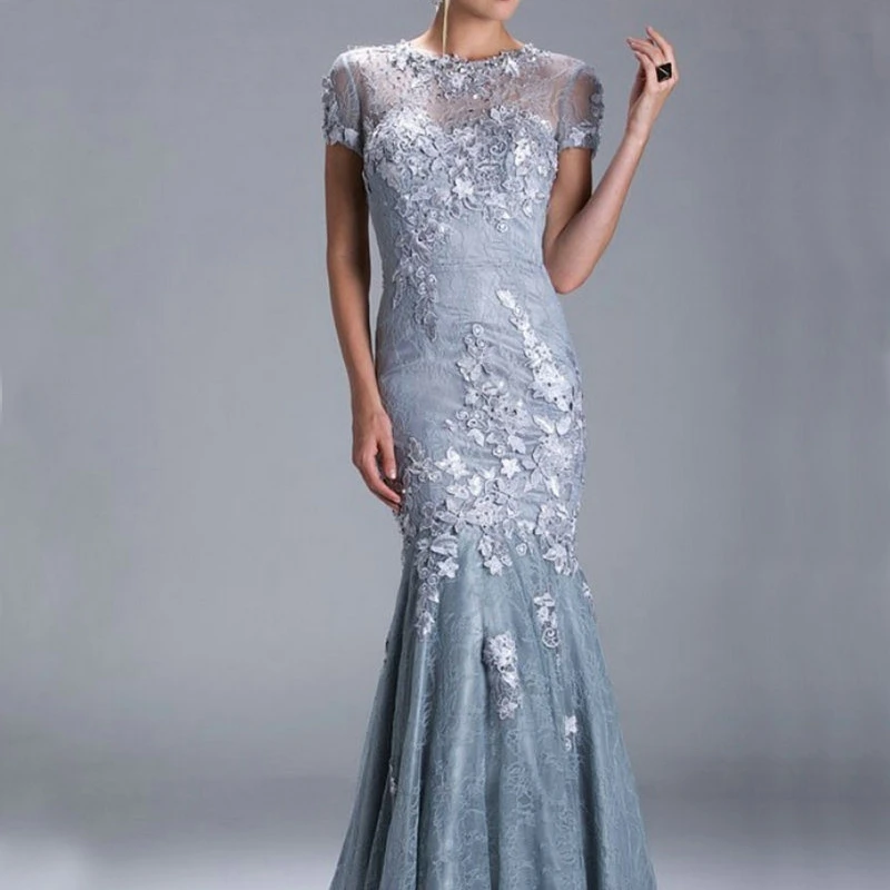 

W035 Lace Mother of the Bride Dress Short Sleeves Sheath Mothers Party Evening Dress