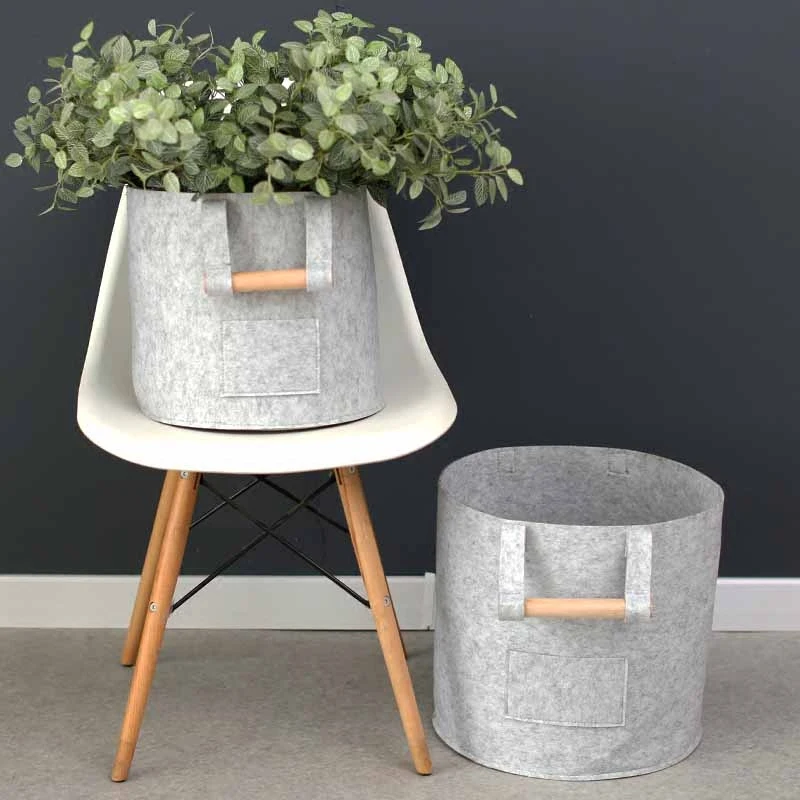 

100% Polyester felt storage organizer bin round storage basket with handles, Gray