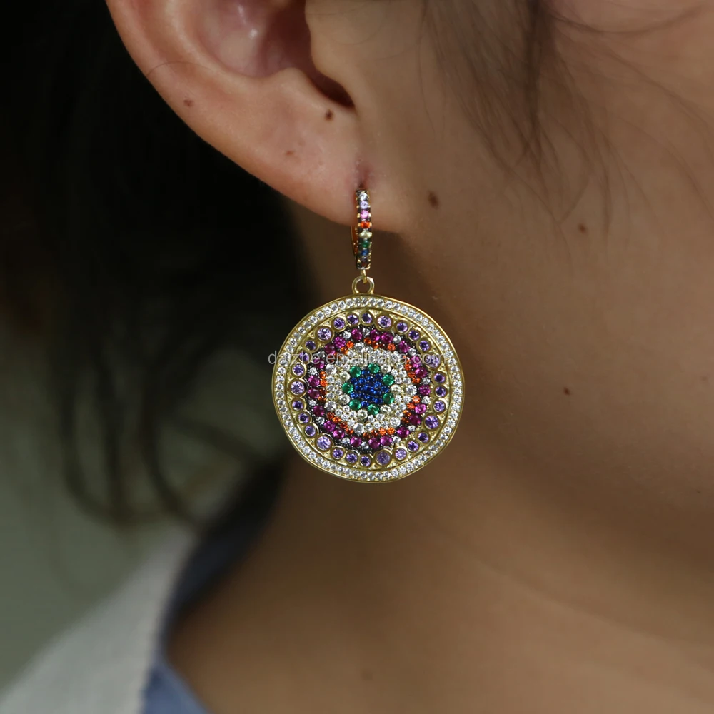 

fashion big round dangle chaem earring with rainbow cz paved women wedding earring