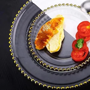 Image of Gold and silver pearl rim lead-free crystal clear glass round shape dish & plate