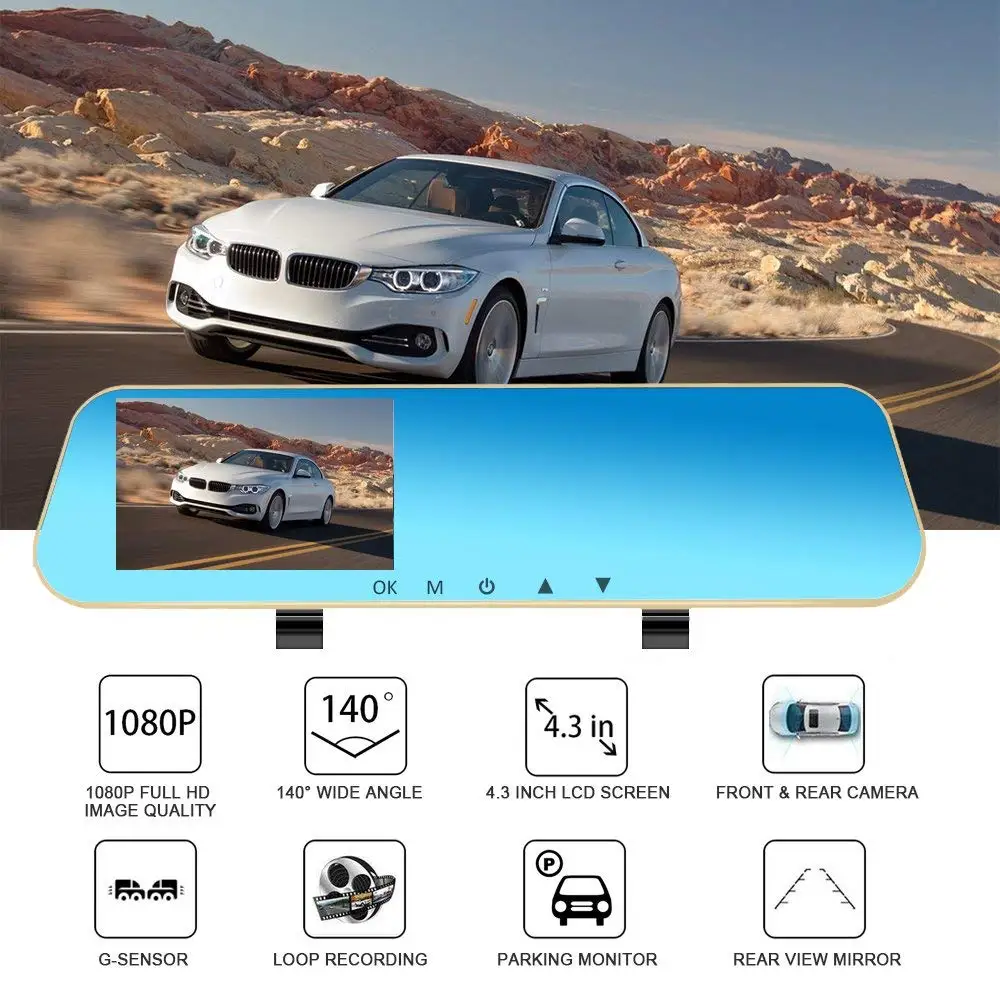 
1080P HD Car Video Recorder Mirror Dash Cam Rearview Mirror Cam with Front and Back Camera 