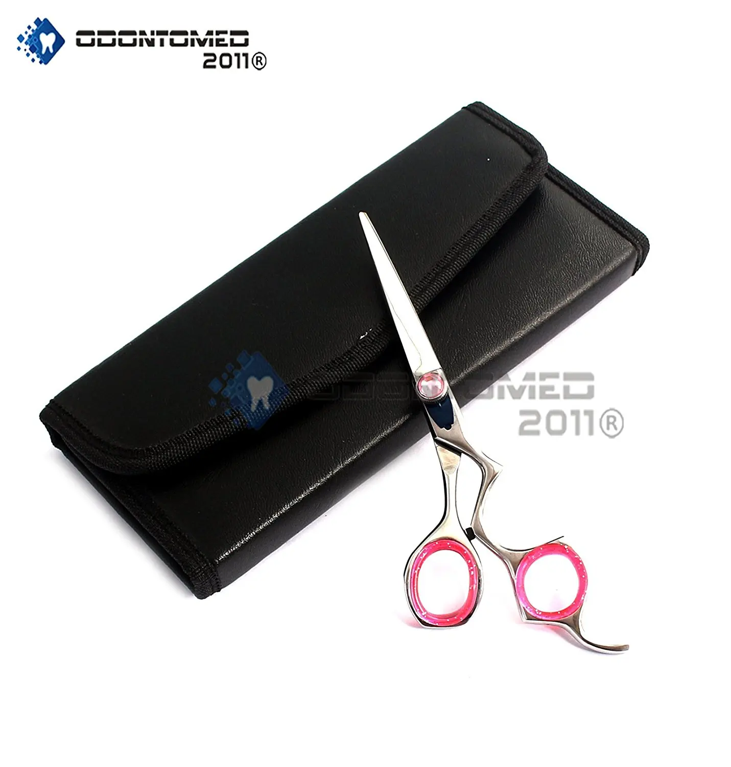 OdontoMed2011 OD2011-D-1508 BRAND NEW POLISH J2 JAPANESE STEEL PROFESSIONAL RAZOR EDGE TITANIUM HAIRDRESSING SCISSOR SHEAR WITH PINK DIAMONDS SCREW + FREE SCISSOR POUCH