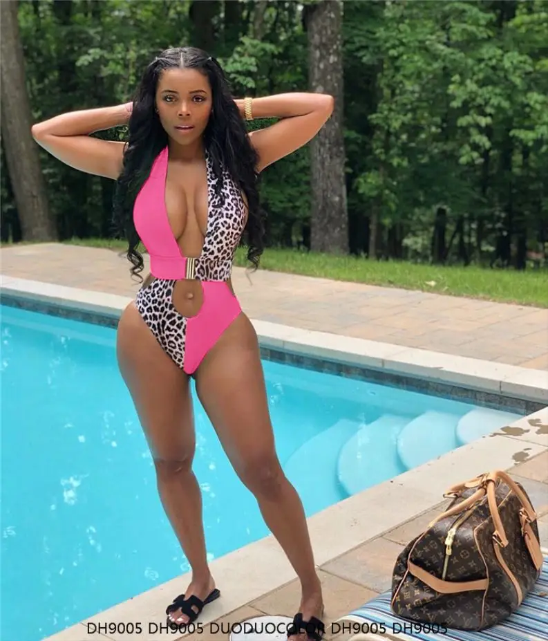 DH9005 Young Girl Sexy Fashion Leopard Print Patchwork One-Piece Bikini Beach Wear for Woman