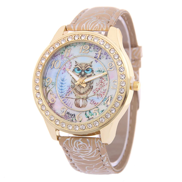 

Luxury Wristwatch Ladies Owl Pattern Leather Bracelet Watches Gold Rhinestone Casual Watch(KKWT82030), As the picture