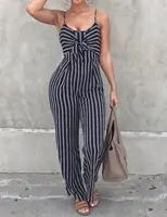 

Customized Design Women Fashion Sling Bow Tie Bandage Stripe Fabric Jumpsuit