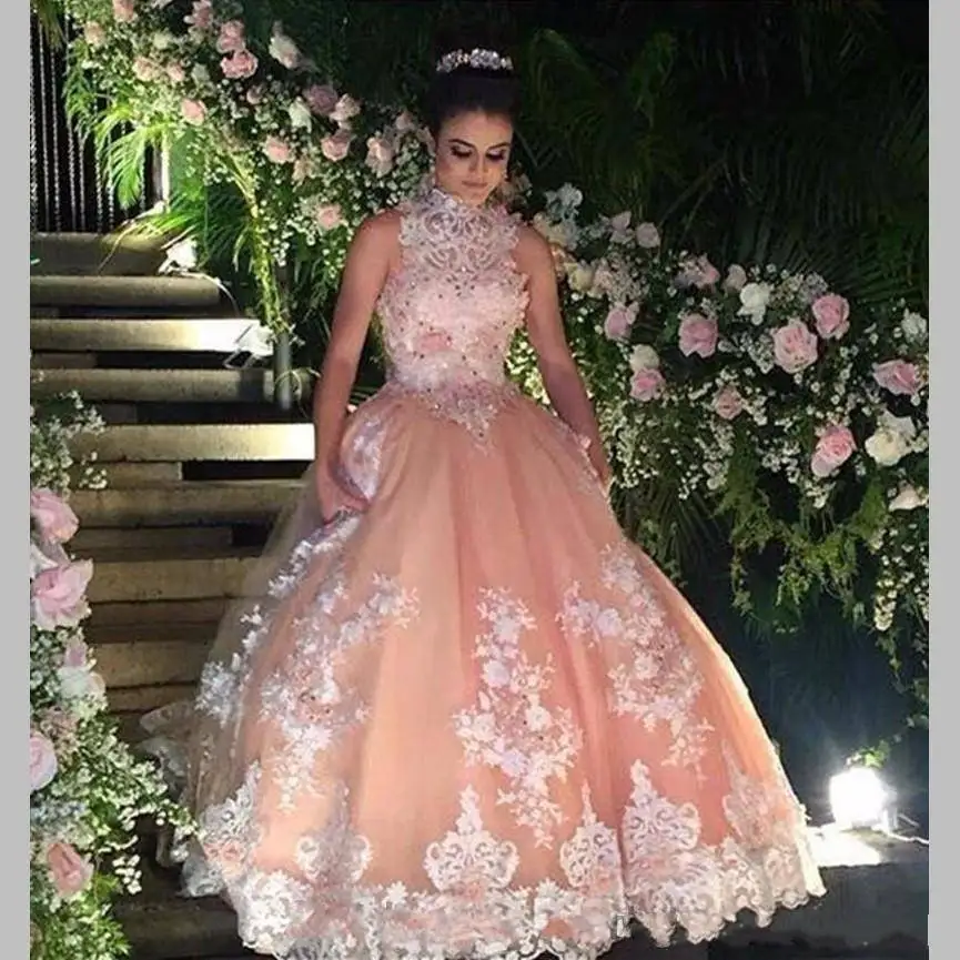 

ZH2974G Lace Blush Pink Beads Quinceanera Dresses vestido debutante 15 anos Ball Gown High Neck Sheer Prom Dress Party Gowns, Custom made