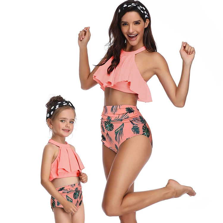 

2019 Comfortable Double Layer Ruffle Tops Print Floral High Waist Split Two Piece Set Mother Daughter Family Swimsuit, As picture