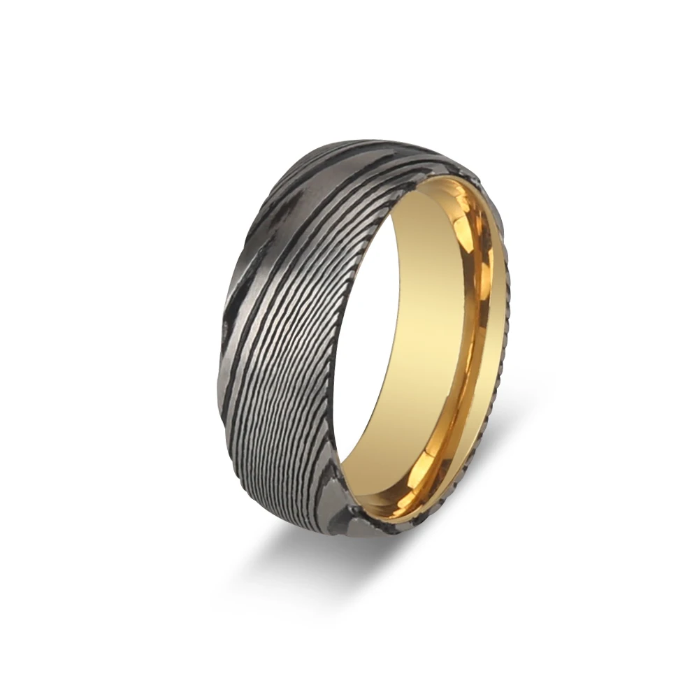 

Damascus steel rings for men golden camber center inlay ring