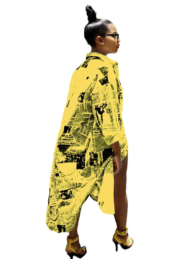 
New Arrivals Spring Fashion Women Casual Turndown Collar Single Breasted Newspaper Pattern Print Tunic Shirt Dress 