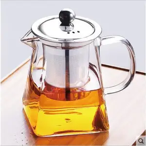 2019 New Design Square Borosilicate Glass Teapot Decorative Tea Kettles with Stainless Steel Infuser