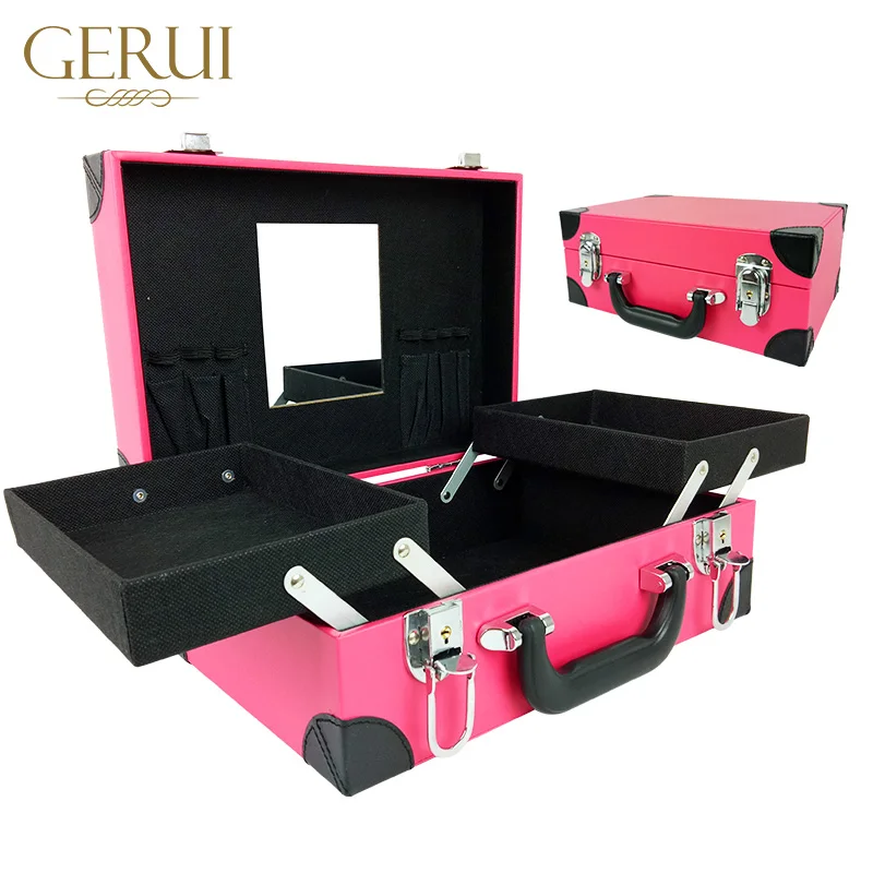 
OEM logo leather luxury make up train case cosmetic storage box mirrored make up box 