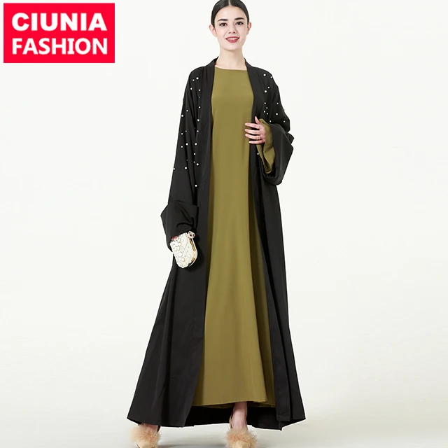 

1538# New design kimono long sleeve simple plain front open abaya pearl top Arabic Islamic clothing muslim dress, Black