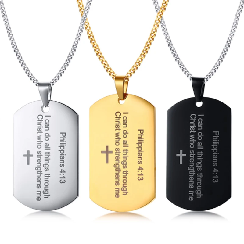 

Men Fashion Stainless Steel Philippians Bible Lection Necklace Cross Engraved Pendant Christian Religious Necklace Jewelry, Silver, black, gold