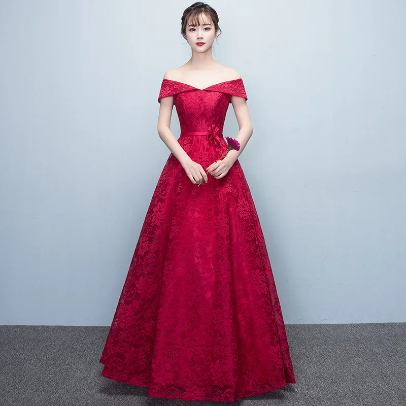 

Elegant Long evening Dress for ladies Off Shoulder design Host Dress Lace A-line evening party dress, Red, wine red
