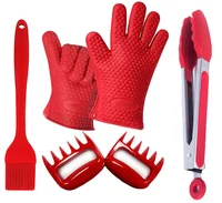 

Hot Selling Silicone 4pcs BBQ Barbecue Tool Set Of Tong/ Brush/ Gloves/ Meat Claws