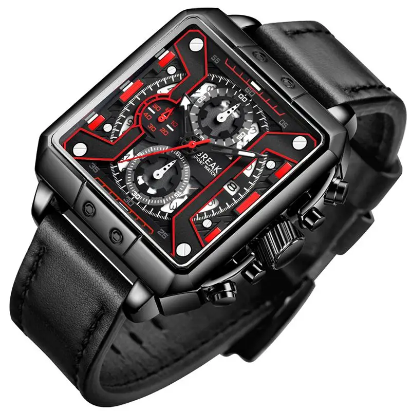 

Break 5645 WatchMen Watches Top Brand Luxury Sport Chronograph Watches Men Leather Waterproof Watch Quartz Clock Male Wristwatch, 3 color choose