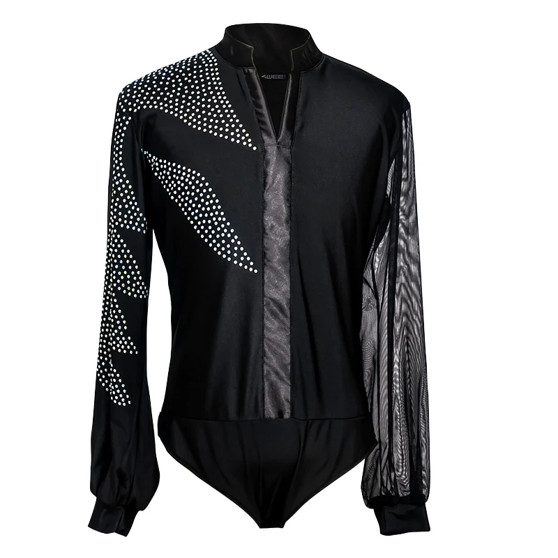 

Latin Dance Shirts Men Rhinestone Net Yarn Long Sleeve Competition Men' Dance Top Cha Cha Rumba Samba Dancewear Mens DNV10992, Black