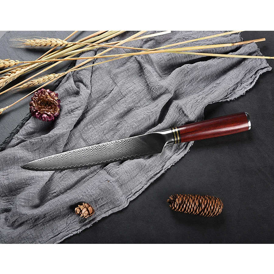 damascus carving knife blade with red burr wood handle