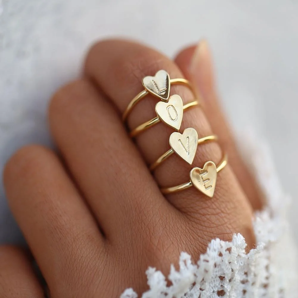 

SR1005 Fashion A-Z full letter peach heart ring sets women alloy rings jewelry