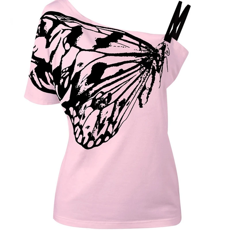 

In the summer women new Butterfly print irregular Dew shoulder strap Female T-shirt